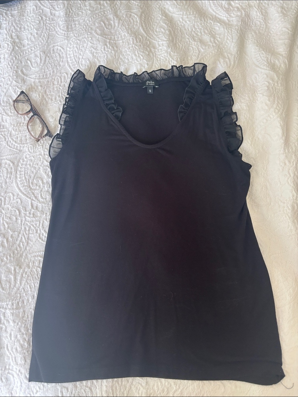 Black Ruffle-Trim Sleeveless Tank